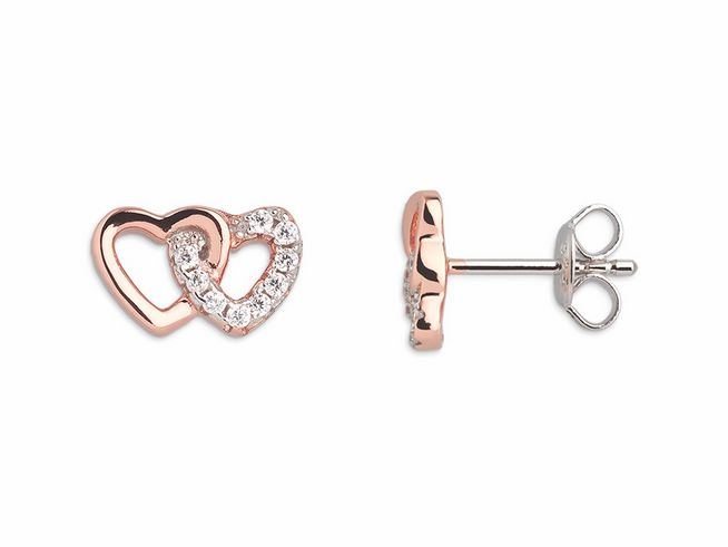 Zwei Herz Ohrringe aus Xenox Sterling Silber in Roségold Vergoldung, verziert mit klaren Zirkonia Steinen, ideal für romantische Anlässe und als modisches Accessoire.