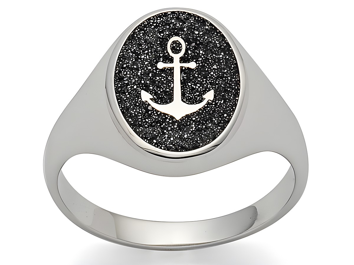 Sterling Silber Siegelring von DUR mit Anker-Motiv, eingebettet in schwarzen Lavasand, Größe 62. Stilvolles Design für maritime Liebhaber.