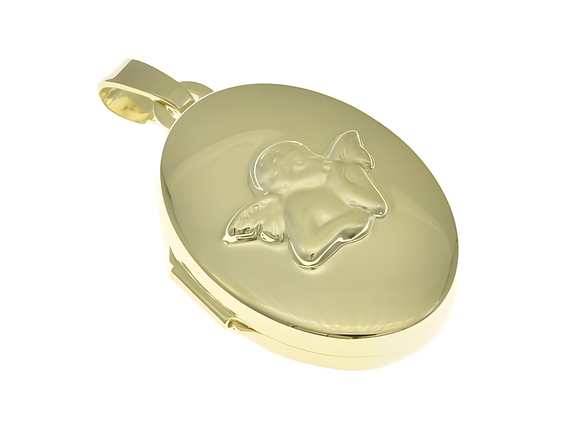 Ein ovales Medaillon aus Sterling Silber, vergoldet in Gelbgold, mit einem Schutzengel-Relief auf der Vorderseite. Hersteller: Juwelier Harnisch. Ideal als Engel-Schmuckstück.