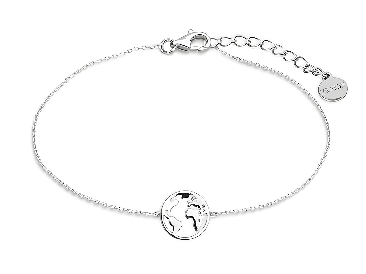 Xenox Sterling Silber Armband XS3165 mit einer Ankerkette und einem Weltkugel-Anhänger, geeignet für Handgelenke von 15 bis 18,5 cm, Design mit dem Thema Wanderlust.