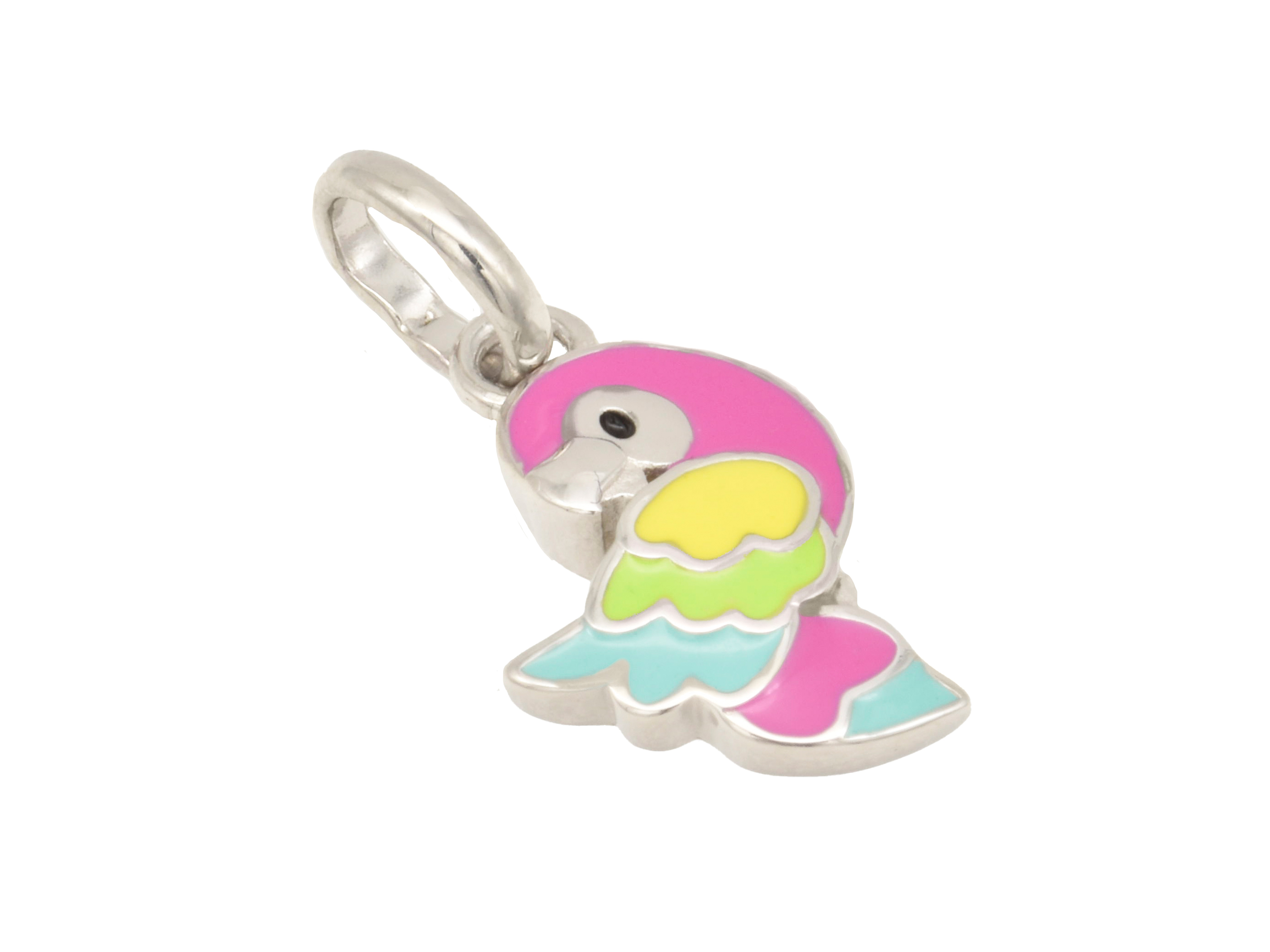 Silber Anhänger Papagei für Kinderschmuck aus poliertem, rhodiniertem Sterling Silber mit buntem Lack, Hersteller Juwelier Harnisch, ideal für Kinder.