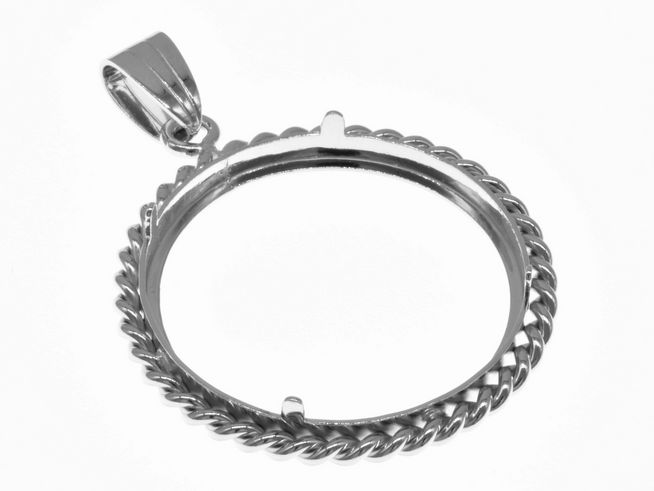 Münzfassung Anhänger aus 925 Sterling Silber rhodiniert mit Kordel-Design für Münzen bis 30 mm Durchmesser, Hersteller Juwelier Harnisch.
