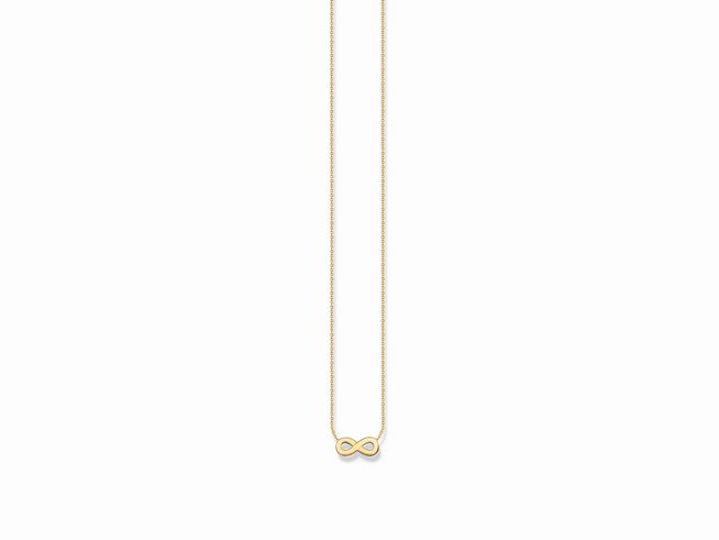 Silberne Kette von Thomas Sabo mit unendlichem Symbolanhänger in Gelbgold vergoldet, verstellbar von 38 bis 45 cm, Teil der Essentials Kollektion.