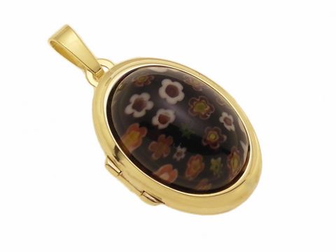 Millefiore Glas schwarz Cabochon Gold 333 Medaillon von Juwelier Harnisch, stilvolles Schmuckstück mit buntem Muster, elegant eingefasst in hochwertigem Gold 333, ideal für jeden Anlass.