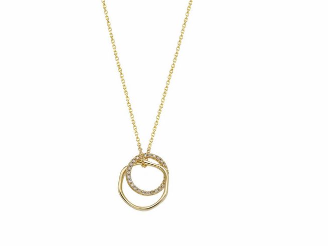 FASHION Gelbgold Karreekette 375 GOLD von Xenox mit zweifachem Anhänger, einer goldenen sowie einer mit funkelnden Steinen besetzten Ringschleife, Länge 42 cm.