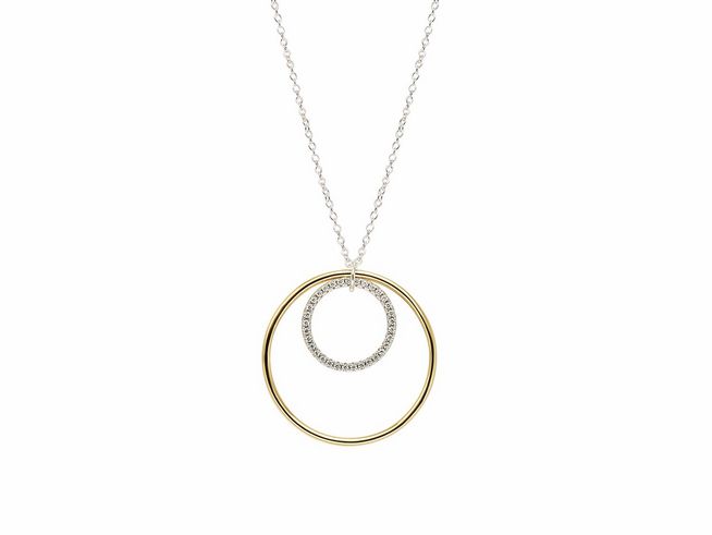 Xenox Sterling Silber Kette XS2275G in 40-45 cm Länge mit SUNRISE Design, featuring eine vergoldete Kareekette und einen kombinierten Anhänger aus einem goldenen und einem glitzernden Ring.
