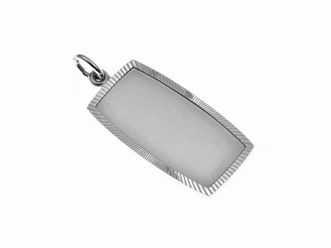 Silber Gravur Anhänger rhodiniert, fein gearbeitet, Hersteller: Juwelier Harnisch, schlichtes Design, rechteckige Form mit dezent strukturiertem Rand, ideal zum Personalisieren.