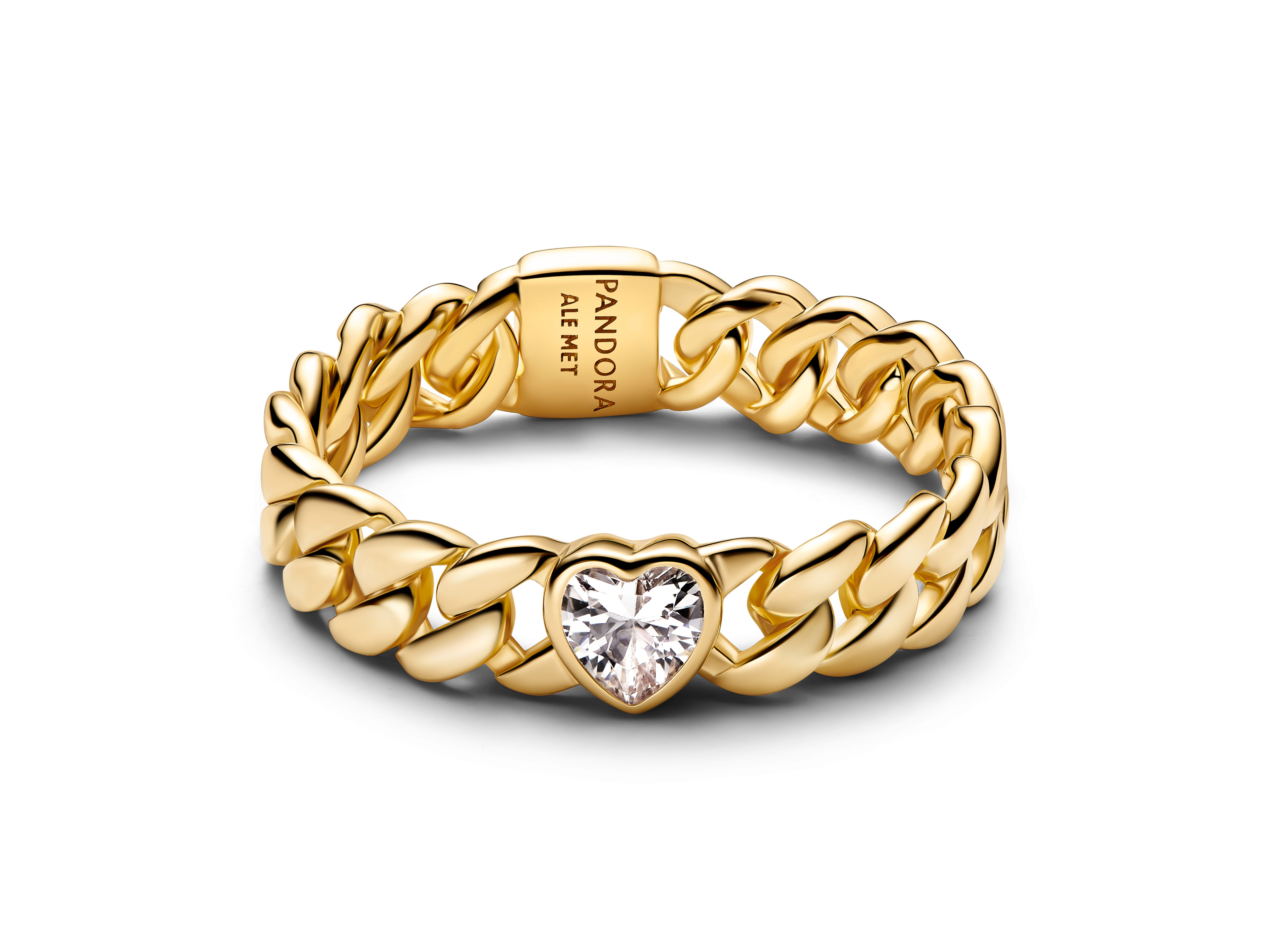 Herz Cuban Kette Ring von Pandora in Gelbgold-Vergoldung mit Zirkonia, Größe 48, modernes Design mit elegantem Glanz und liebevoller Herzdetails. Perfect für jeden Anlass.