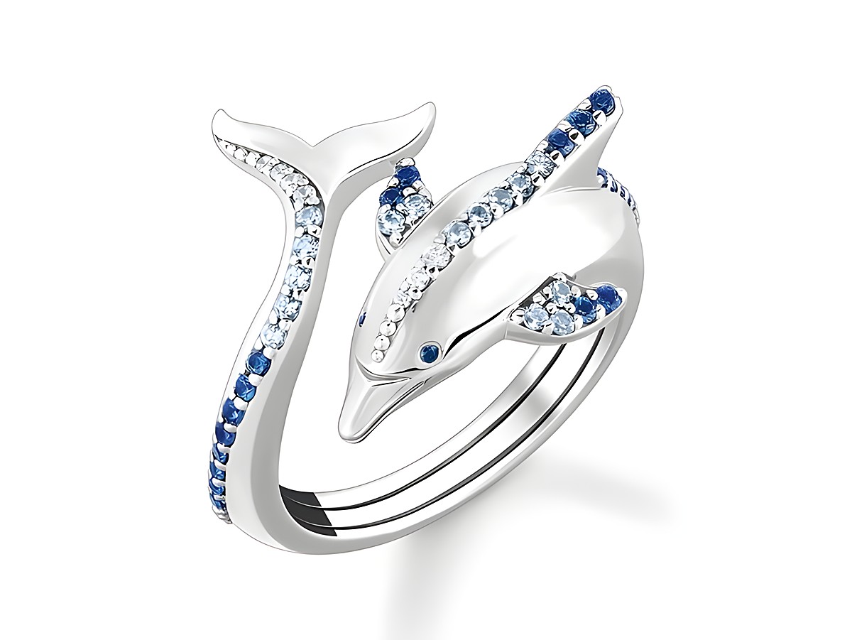 Ein eleganter Ring in Form eines Delfins aus Sterling Silber mit geschwungenen Linien, verziert mit synthetischen Spinellen und Zirkonia in blauen Farbtönen, Größe 48.