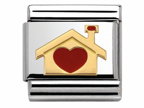 Emaillierte Herz-Haus-Charms in gold und rot auf einem silbernen Hintergrund, hergestellt von Nomination, Modell Haus mit Herz, Nummer 030283 07.