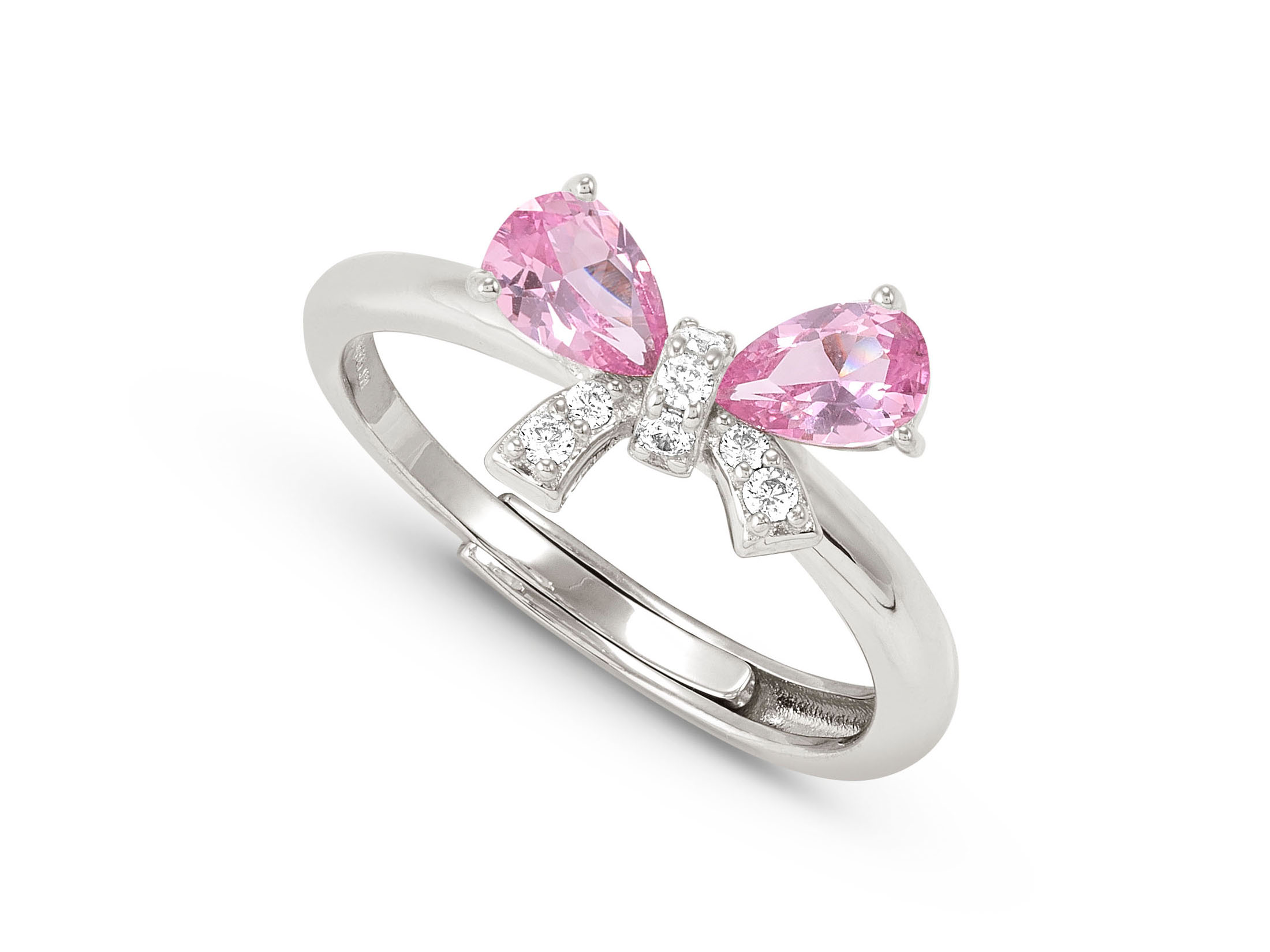 Der Ring aus Sterling Silber zeigt eine dekorative Schleife, besetzt mit rosa Zirkonia und funkelt durch seine klaren Akzente. Er ist verstellbar und in den Größen 51 bis 59 erhältlich.
