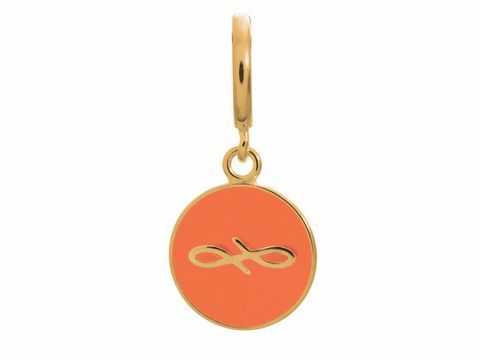 Gelbgoldener Charm von Endless mit einem runden, korallenfarbenen Anhänger und einem eleganten Symbol in der Mitte, ideal für individuelle Schmuckkreationen.