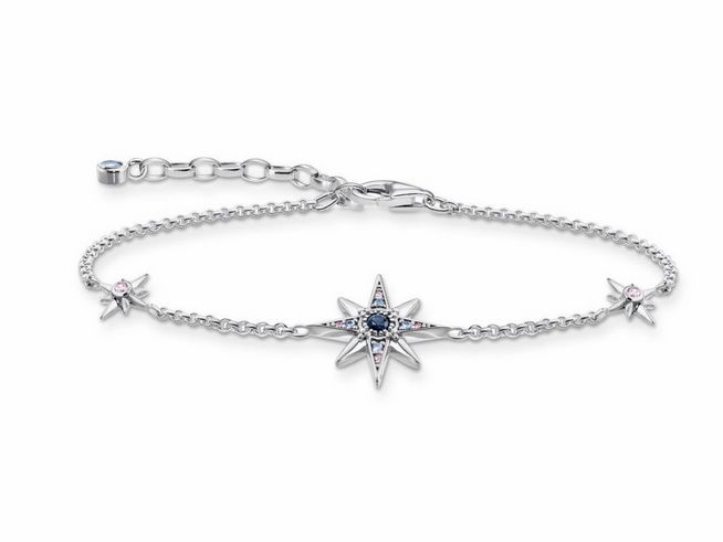 Armband aus Sterling Silber mit Glas-Keramik, synthetischem Spinell und Zirkonia, verziert mit einem zentralen Stern und kleinen Sternen, individuell einstellbar von 16 bis 19 cm.