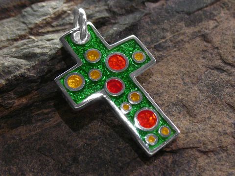 Emailliertes Kreuz aus 3cm Sterling Silber in grün und bunt mit verschiedenen Steinen, Hersteller Juwelier Harnisch, ideal als edles Schmuckstück.