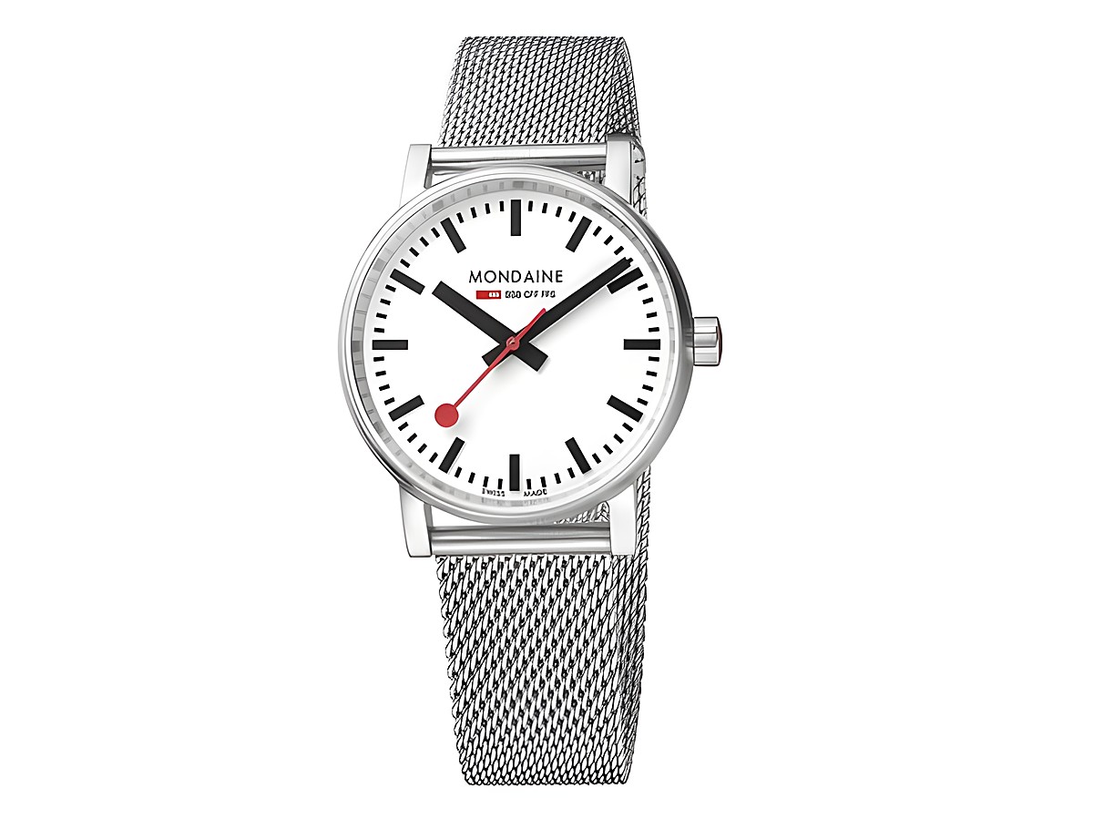 Mondaine SBB Evo2 35 mm Armbanduhr mit Saphire Crystal, glänzendem Edelstahlgehäuse und milanese Mesh-Armband, weißes Ziffernblatt mit roten Akzenten, unisex Design.