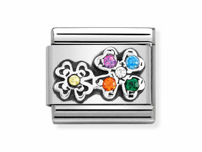 433032304-0 Nomination Classic Sterling Silber 330323 04 Klee Zirkonia bunt, zeigt ein florales Design mit bunten Zirkonia-Steinen in verschiedenen Farben, ideal für stilvolle Schmuckliebhaber.