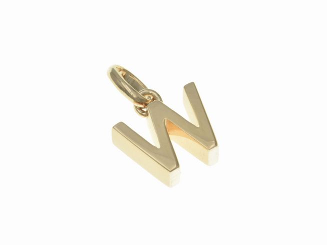 Anhänger aus poliertem Sterling Silber in Form des Buchstabens W, vergoldet in Roségold, hergestellt von Juwelier Harnisch. Ideal als persönliches Schmuckstück.