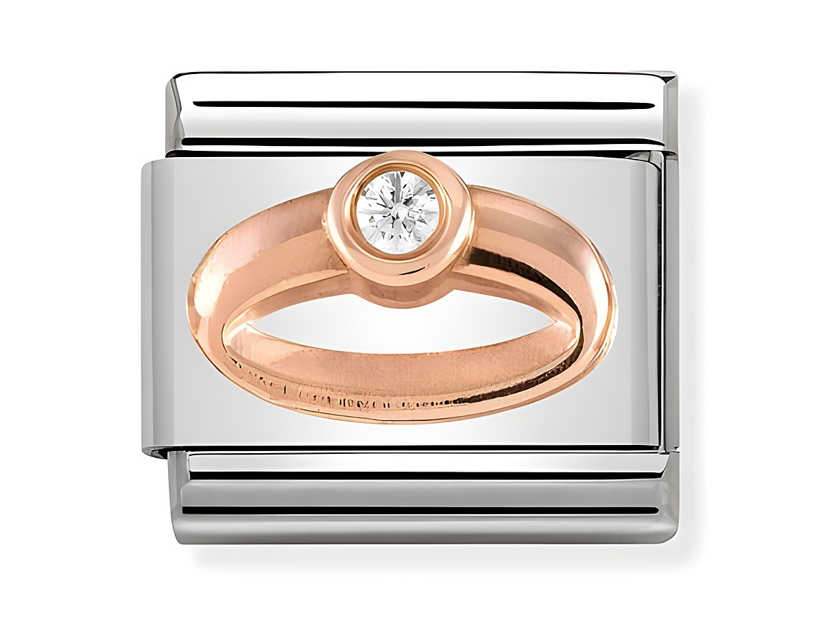 Ring klar von Nomination in Roségold mit Symbolen und einem funkelnden Stein, zeitloses Design für jeden Anlass.