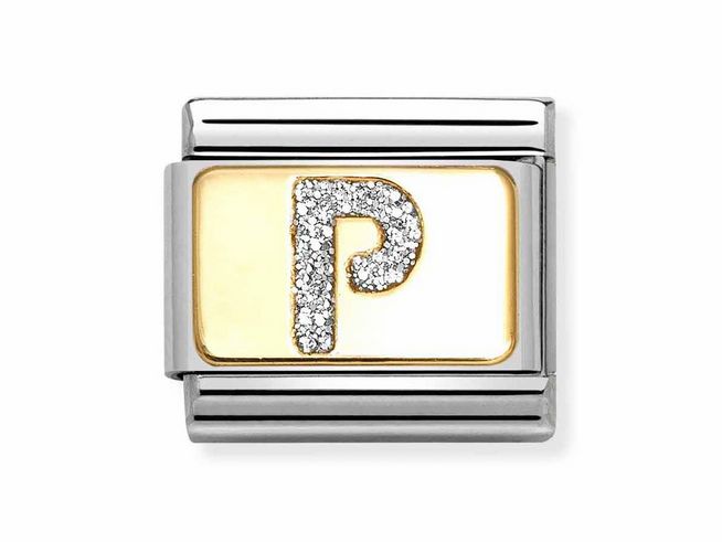 Silberne Emaille-Glitzer-Kette mit dem Buchstaben P in Gelbgold und funkelndem Silber-Glitzer, von Nomination, elegantes Design.