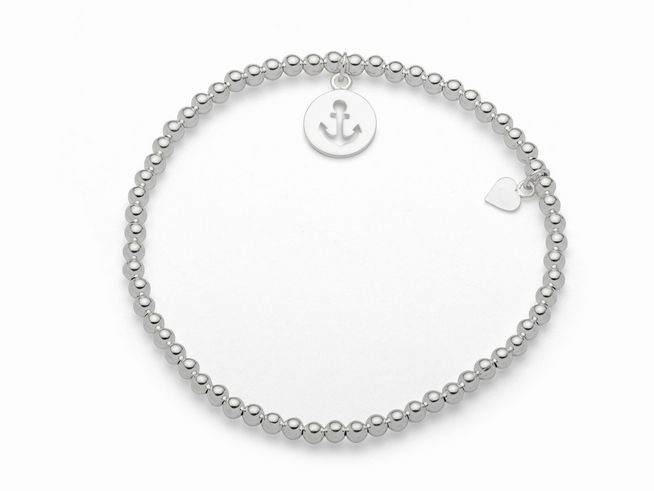 Sterling Silber Armband von DUR mit Kugeln und einem Anhänger in Ankerform, Gesamtlänge 19,5 cm, ergänzt durch ein kleines Herzdesign. Ideal für maritime Stile.