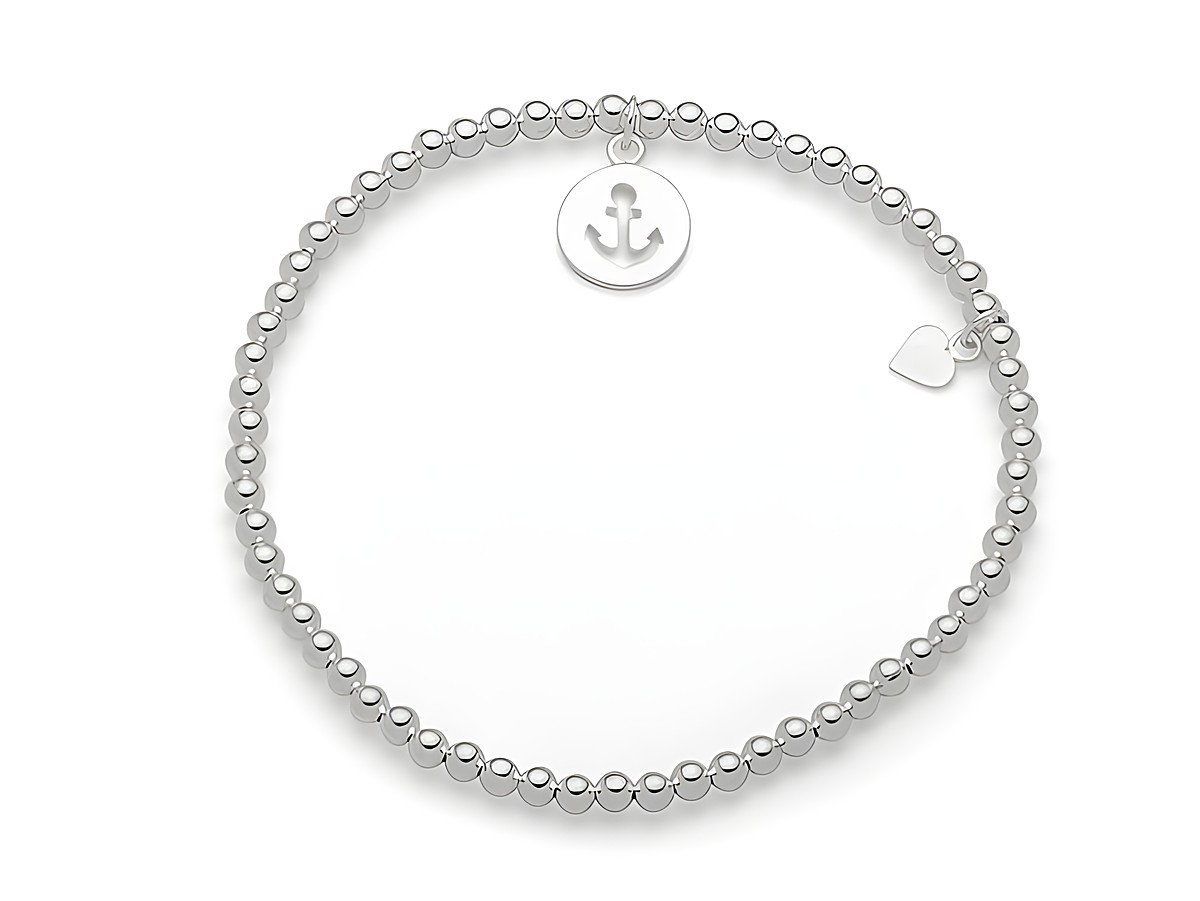 Sterling Silber Armband von DUR mit Kugeln und einem Anhänger in Ankerform, Gesamtlänge 19,5 cm, ergänzt durch ein kleines Herzdesign. Ideal für maritime Stile.