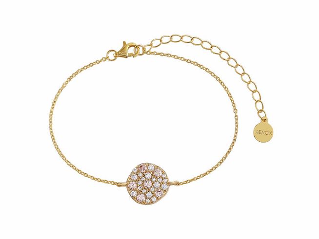 Xenox Sterling Silber Armband XS6095G mit gelbgoldvergoldeter Karreekette und rundem Anhänger, besetzt mit funkelnden Steinen, verstellbar von 15 bis 20 cm.