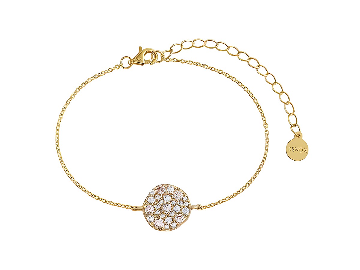 Xenox Sterling Silber Armband XS6095G mit gelbgoldvergoldeter Karreekette und rundem Anhänger, besetzt mit funkelnden Steinen, verstellbar von 15 bis 20 cm.