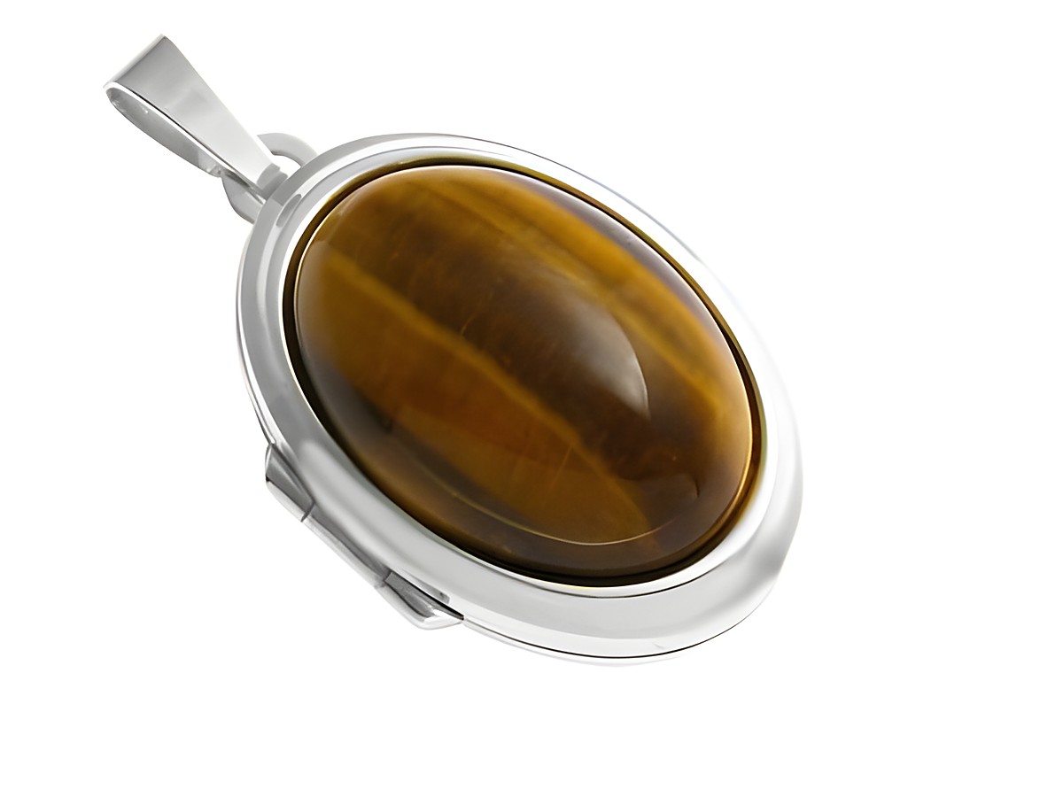 Tigerauge Cabochon in ovaler Form, eingefasst in einem eleganten Medaillon aus Weißgold 585, hergestellt von Juwelier Harnisch. Ein edles Schmuckstück für besondere Anlässe.