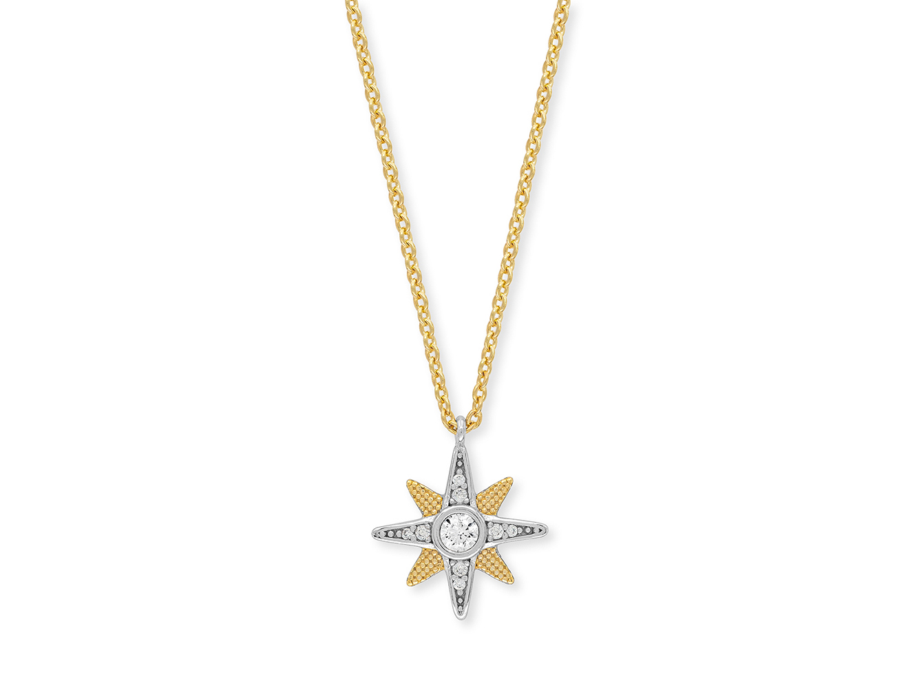 Die Engelsrufer Kette New Star Bicolor mit Zirkonia zeigt einen stilvollen Anhänger in Sternform, kombiniert mit einer zarten vergoldeten Kette aus Silber, ideal für jeden Anlass.