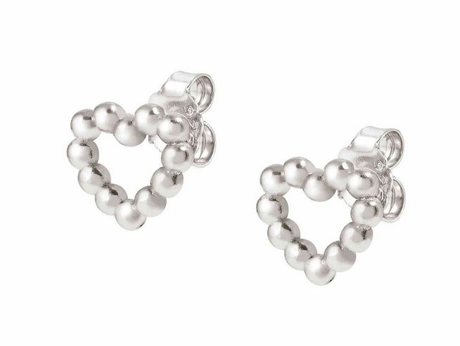 Zwei Ohrhänger in Herzform aus rhodiniertem Sterling Silber mit kleinen Kugeln, die eine elegante und verspielte Ausstrahlung verleihen. Ideal für den modernen Look.