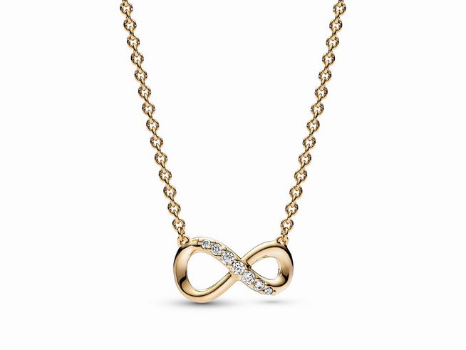 Elegantes Funkelndes Unendlichkeits-Collier von Pandora in 50 cm, gelbgold vergoldet, mit glitzernden Details, ideal für besondere Anlässe oder als Geschenk.