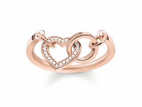 Silber rosé Ring von Thomas Sabo mit Zirkonia in Größe 54, geformt aus zwei ineinandergreifenden Herzen, elegant und modern gestaltet.