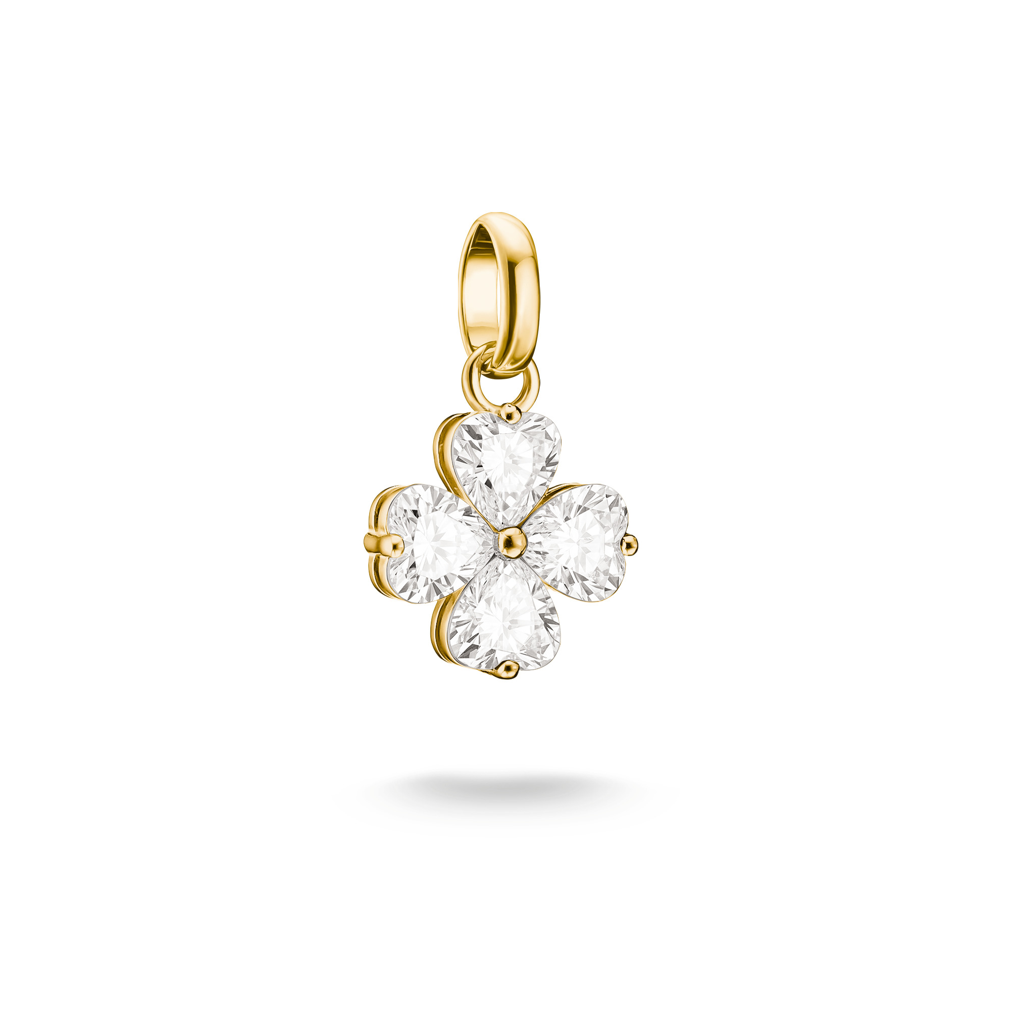 Charm Kleeblatt von Thomas Sabo mit weißen Zirkonia im Herzschliff, vergoldet, elegant und funkelnd, ideal für individuelles Schmuckdesign und als Trägersymbol für Glück und Vertrauen.