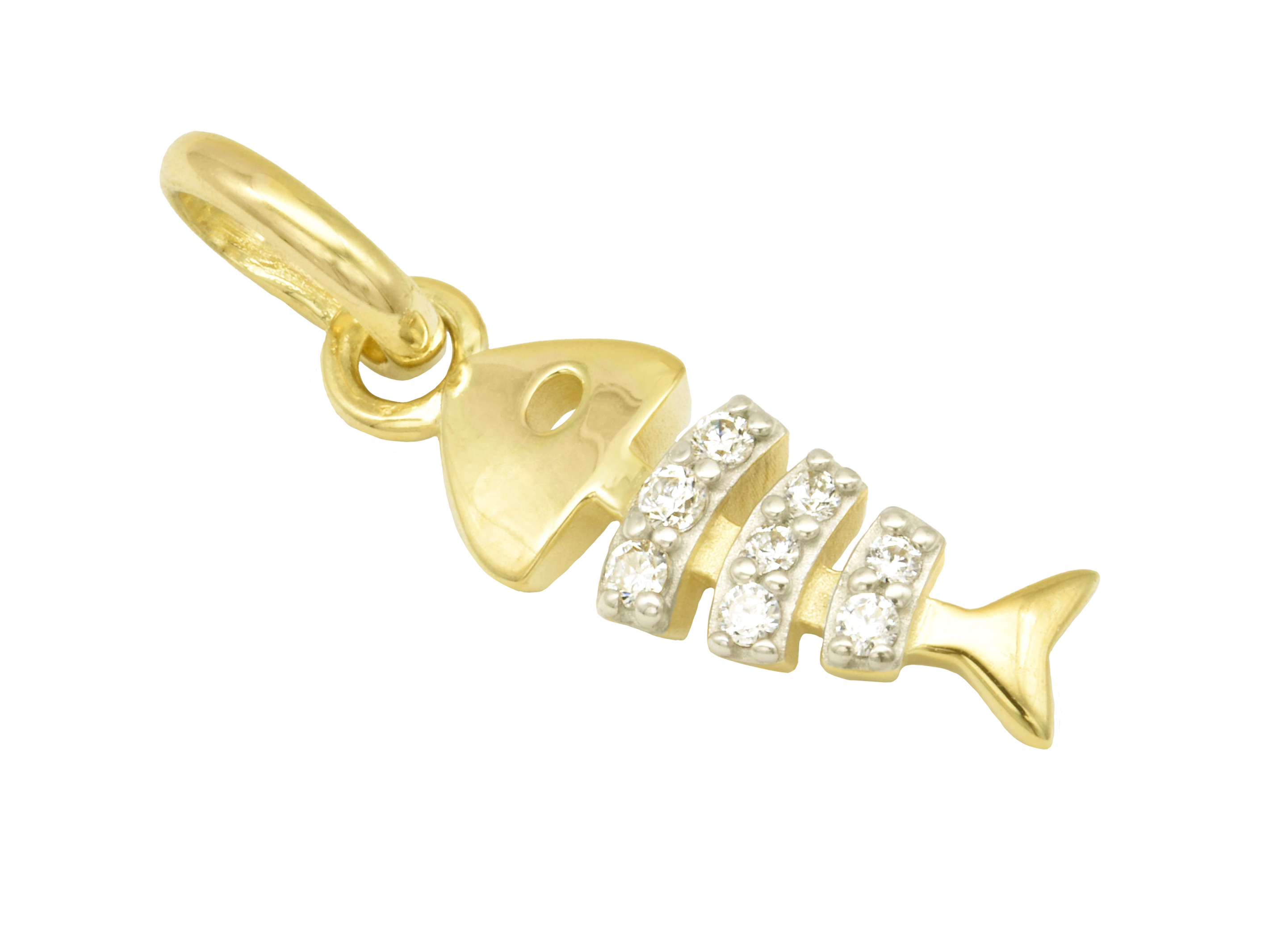 Gold Anhänger in Fischgrätenform aus Gelbgold, poliert, mit Zirkonia besetzt, hergestellt von Juwelier Harnisch, ideal als tierischer Schmuck und modisches Accessoire.