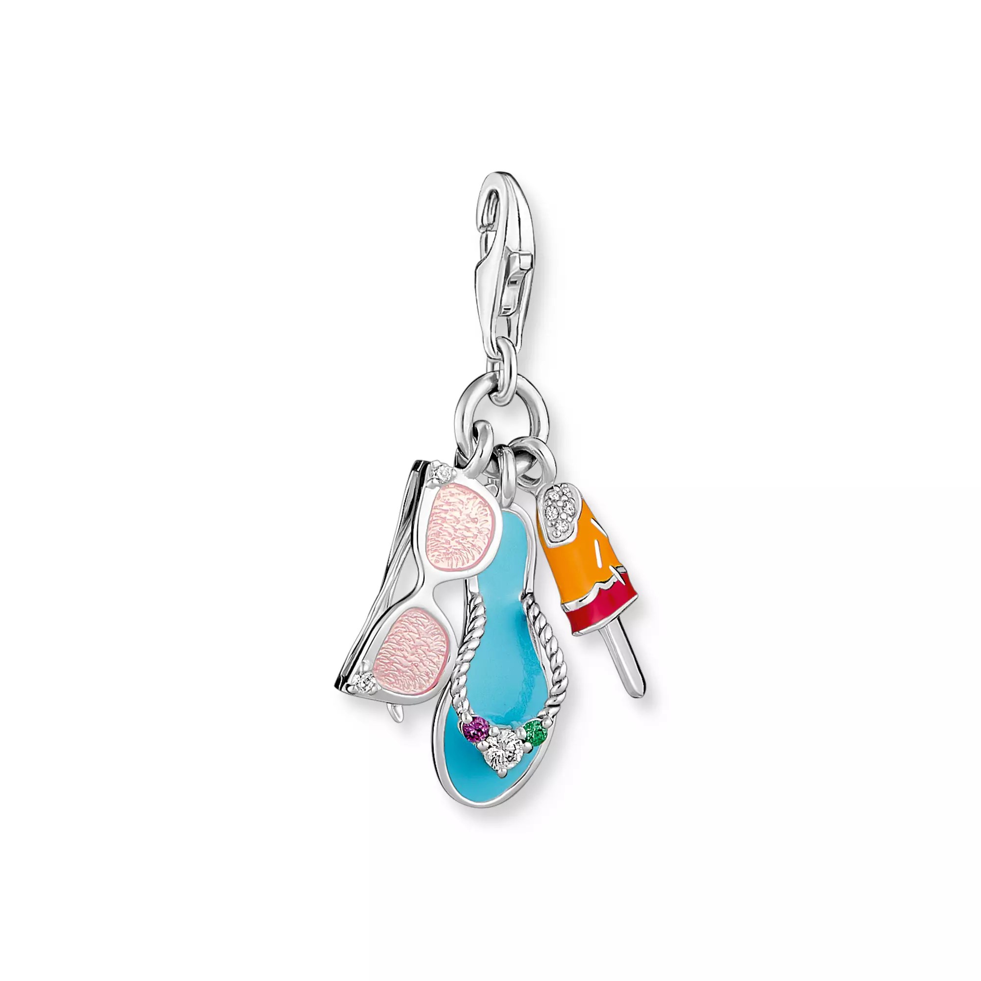 Thomas Sabo Charm-Anhänger - Silber geschw. + Glas-Keramik Stein + Emaille - Sonnenbrille, Badelatsche, Eis