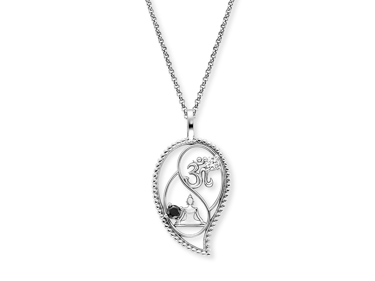 Silberne Engelsrufer Kette mit Zirkonia, Yin Yang Symbol in Tropfenform, Länge 42 plus 4 plus 4 cm, modernes und elegantes Design, perfekt als Schmuckstück für besondere Anlässe.