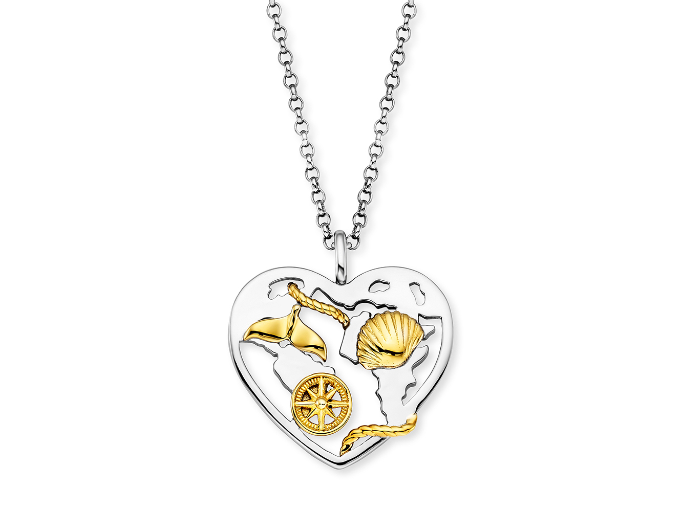 Kette mit herzförmigem Anhänger aus silberfarbenem Metall, verziert mit goldfarbenen Elementen wie einer Muschel, einem Wal und einem Steuerrad, 42 cm lang, von Engelsrufer.