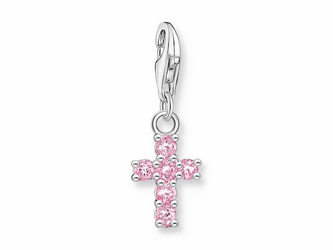 Charm-Anhänger von Thomas Sabo in Form eines Kreuzes aus Silber mit rosa-pinken Zirkonia-Steinen, ideal zum Veredeln von Schmuckstücken. Neuheiten 2032-051-9.