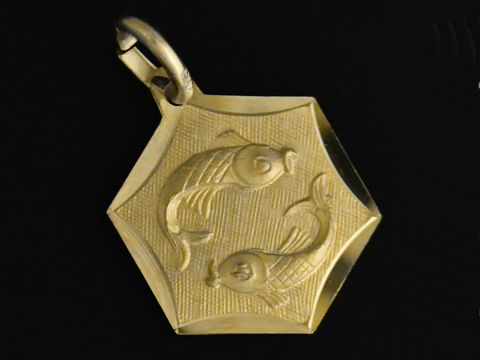 Runder und eckiger Goldanhänger 333 mit dem Sternzeichen Fische, gefertigt vom Juwelier Harnisch, zeigt zwei kunstvoll gestaltete Fische in einem ansprechenden Design.