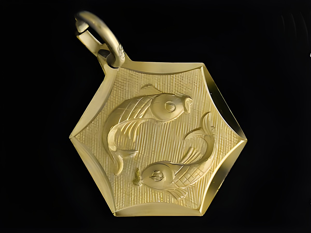 Runder und eckiger Goldanhänger 333 mit dem Sternzeichen Fische, gefertigt vom Juwelier Harnisch, zeigt zwei kunstvoll gestaltete Fische in einem ansprechenden Design.