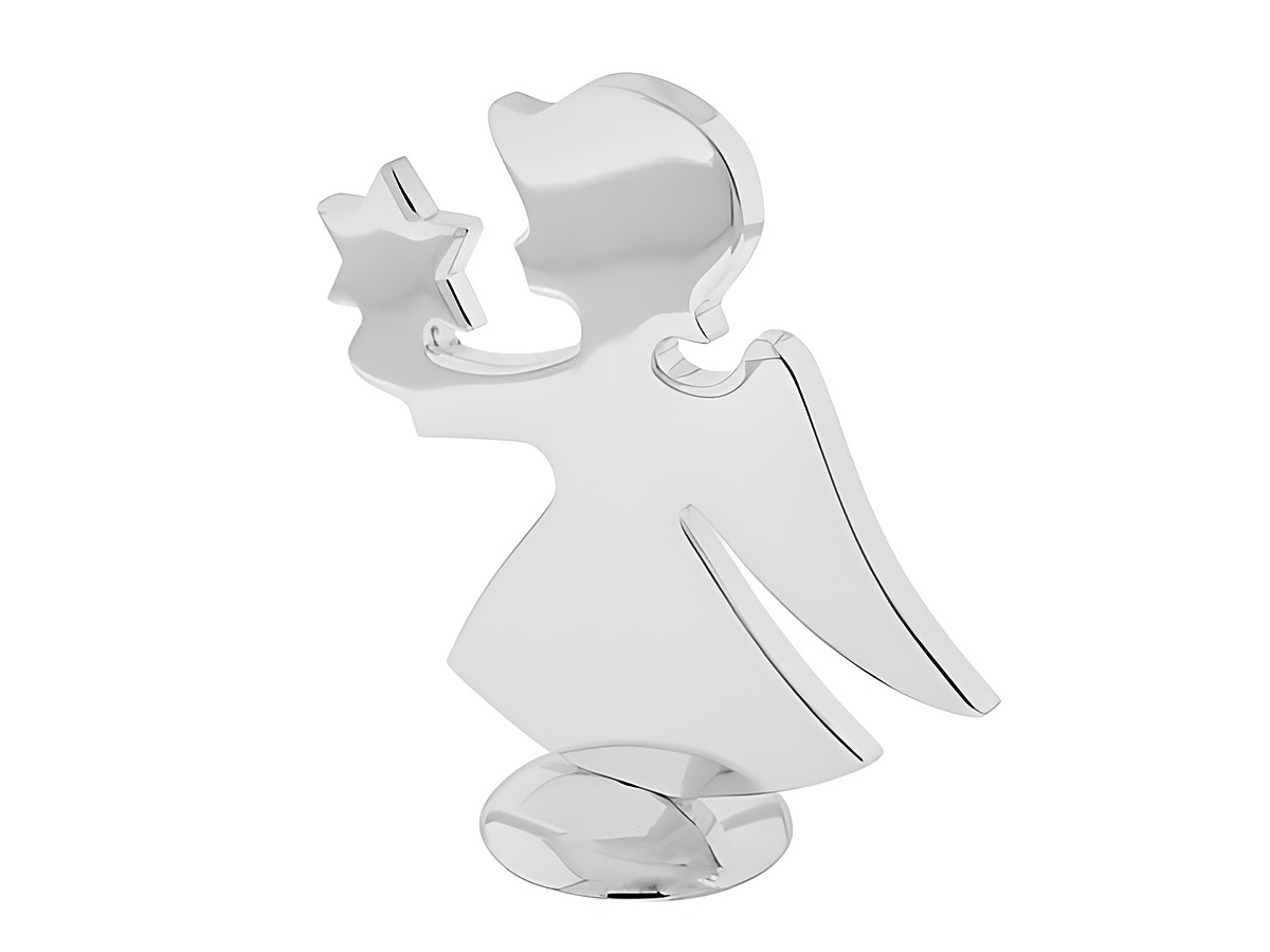 Standfigur aus Metall versilbert, Darstellung eines Engels mit einem Stern, Höhe 10,5 cm, Hersteller Juwelier Harnisch, ideal als Dekoration oder Geschenk.