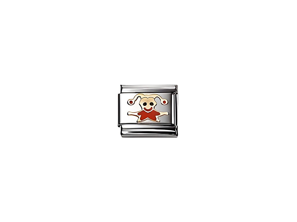 Emaillierter Joker Charm von Nomination Classic LUCK mit einem fröhlichen Clown-Motiv in Rot und Gelb auf silbernem Hintergrund, ideal für personalisierte Armbänder.