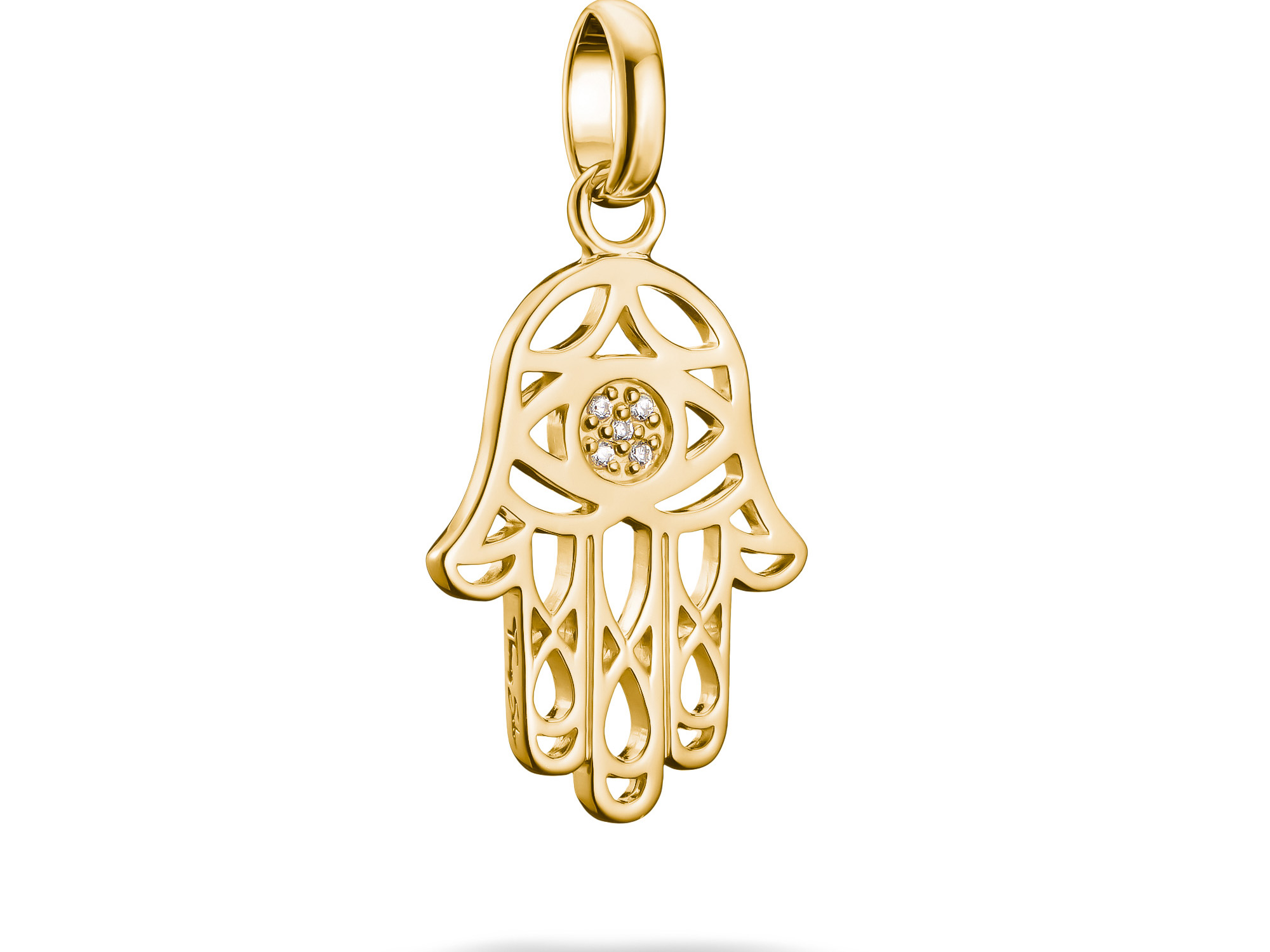 Charm in Form einer Hamsa aus Silber und vergoldetem Material, verziert mit Zirkonia, für den Charm Club CONNECT von Thomas Sabo, symbolisiert Glück und Schutz.
