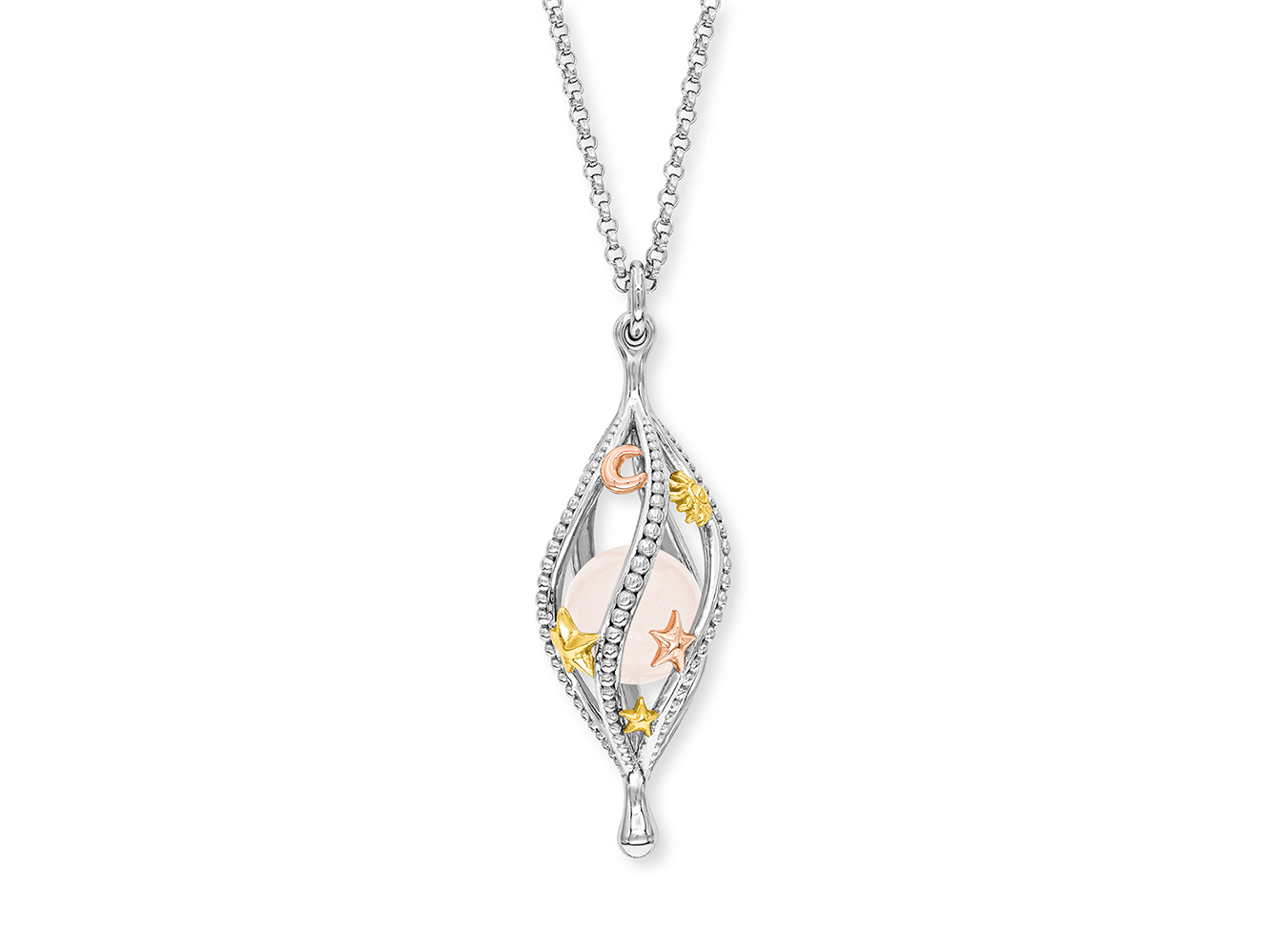 Kette von Engelsrufer mit Anhänger im Tricolor-Design, verziert mit Rosenquarz in Rosa und dekorativen Elementen wie Sternen und floralen Motiven, 50 cm lang.