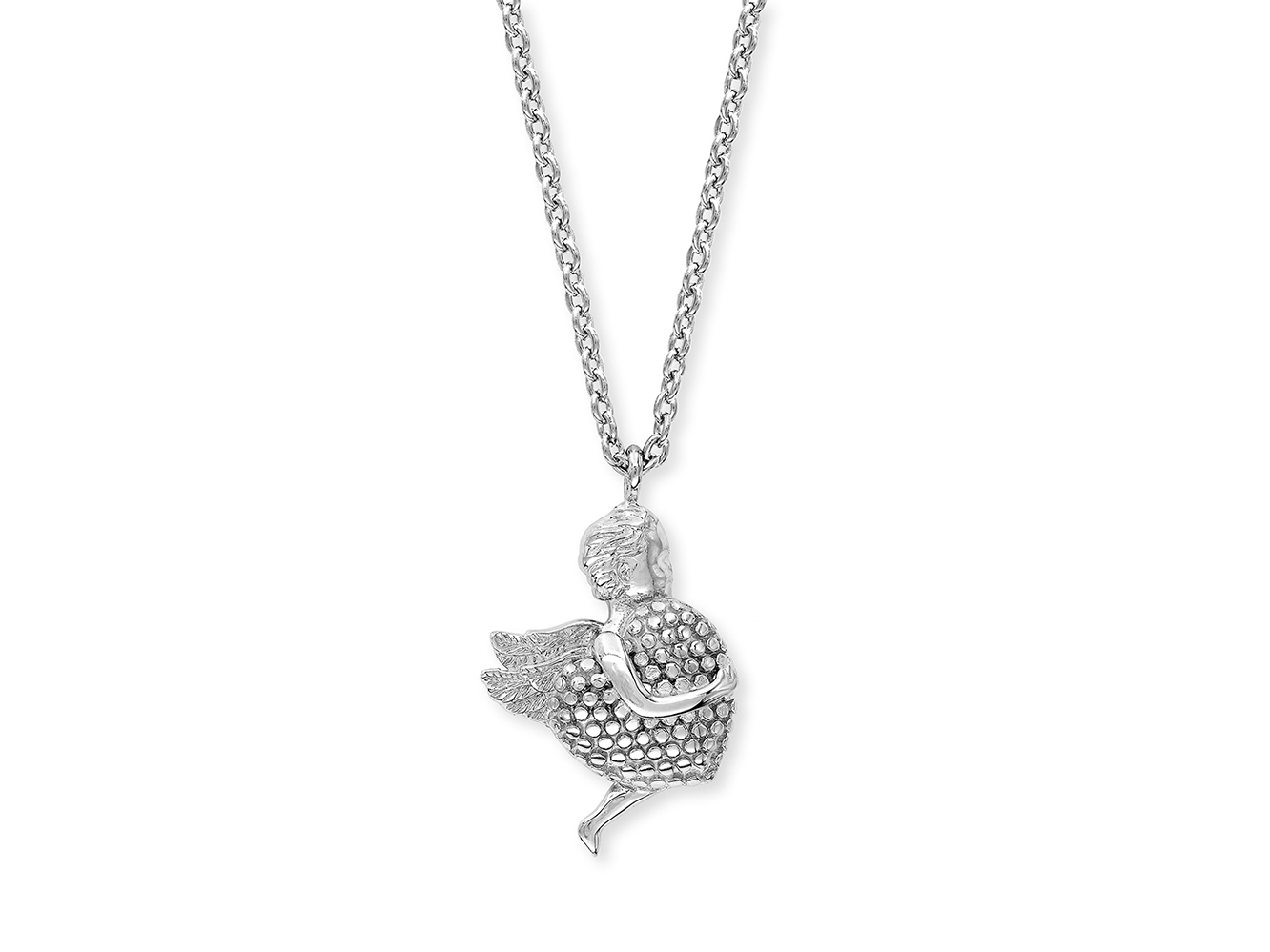 Silberne rhodiniert Kette mit einem Engel-Anhänger, der ein Herz hält, in filigranem Design, Hersteller ist Engelsrufer, Länge der Kette beträgt 42 cm.