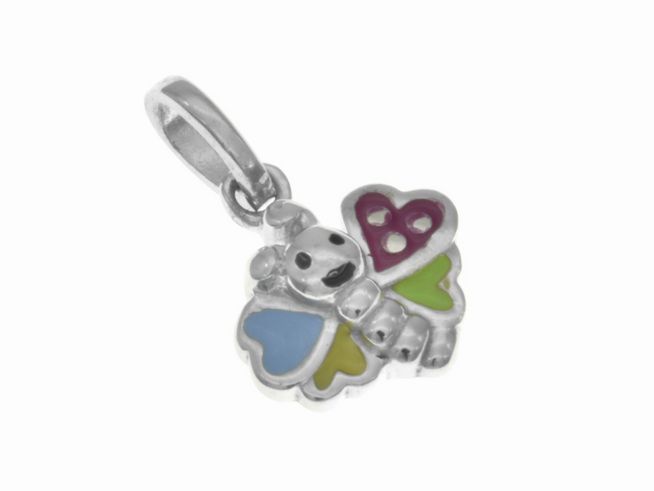 304660-0 Niedlicher Anhänger in Form eines Schmetterlings aus Silber rhodiniert, verziert mit buntem Lack in Blau, Pink, Gelb und Grün, ideal für Kinder und von Juwelier Harnisch.