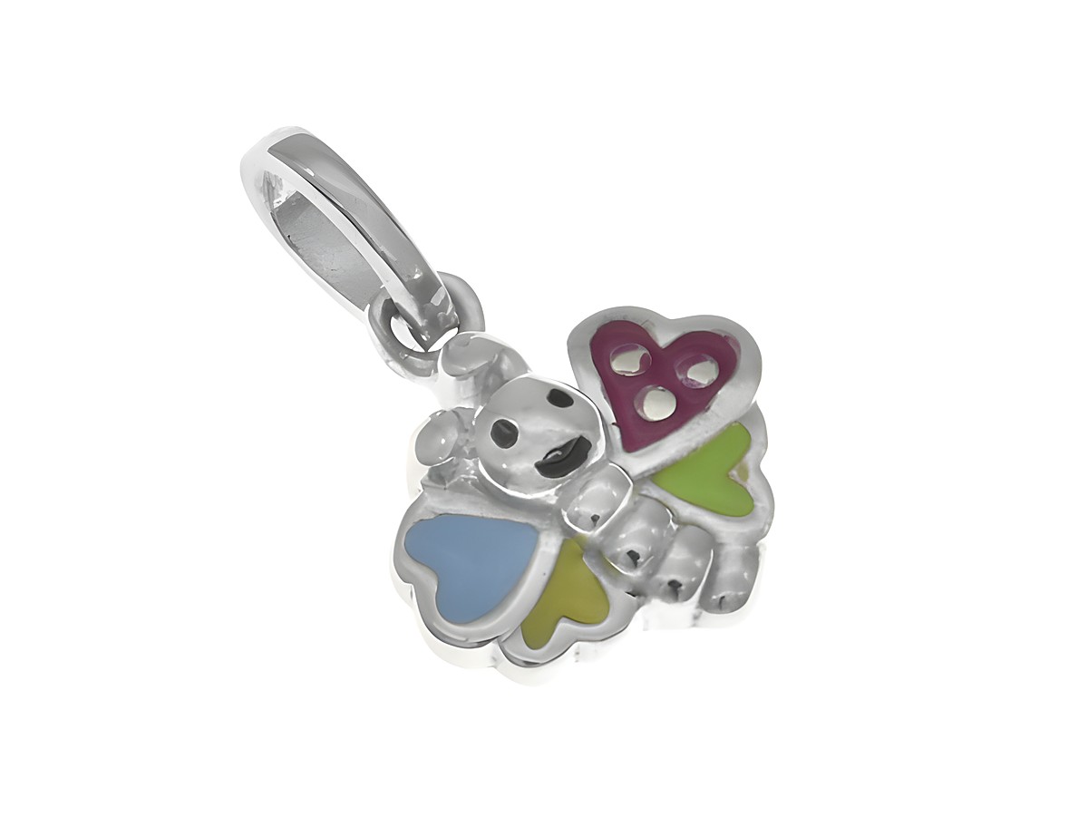 Niedlicher Anhänger in Form eines Schmetterlings aus Silber rhodiniert, verziert mit buntem Lack in Blau, Pink, Gelb und Grün, ideal für Kinder und von Juwelier Harnisch.