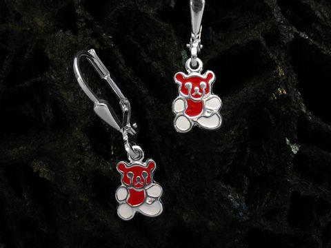 Teddy emaillierter Sterling Silber Anhänger von Juwelier Harnisch für Kinder, zeigt einen niedlichen Bären mit roter und silberner Farbgebung, ideal als Schmuckstück für junge Mädchen.