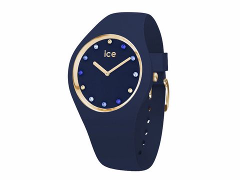 Ice-Watch ICE cosmos 016301 Blue Small zeigt eine elegante blaue Uhr mit goldenen Akzenten und funkelnden Ziffern, ideal für stilbewusste Träger.