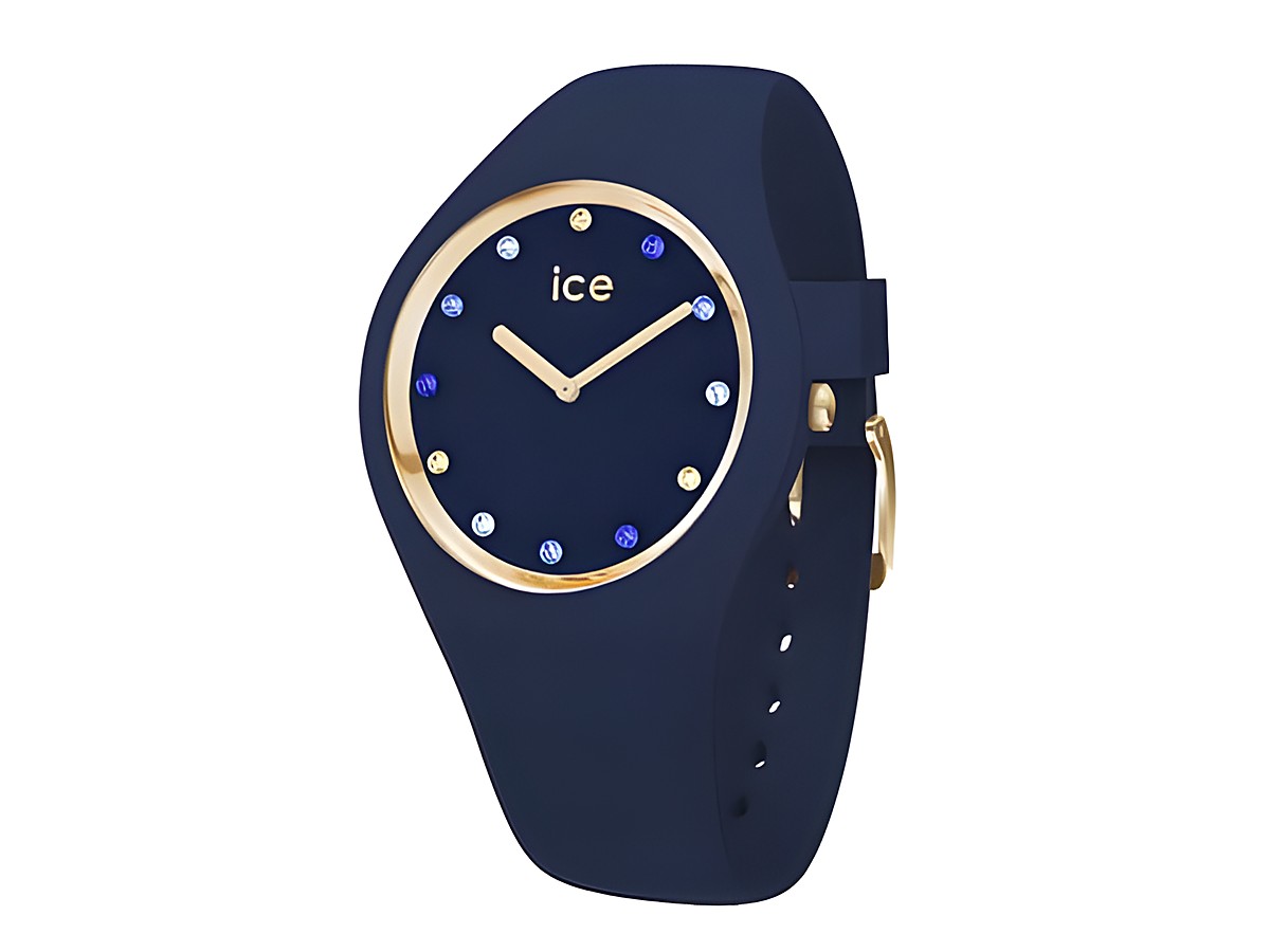 Ice-Watch ICE cosmos 016301 Blue Small zeigt eine elegante blaue Uhr mit goldenen Akzenten und funkelnden Ziffern, ideal für stilbewusste Träger.